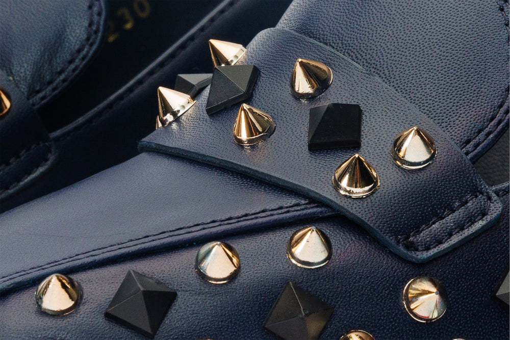 The Infanta Navy Blue Spike Leather Block Heel Pump Shoe - Vinci Leather