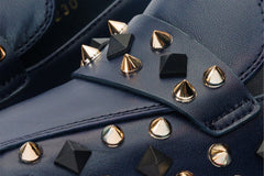 The Infanta Navy Blue Spike Leather Block Heel Pump Shoe - Vinci Leather