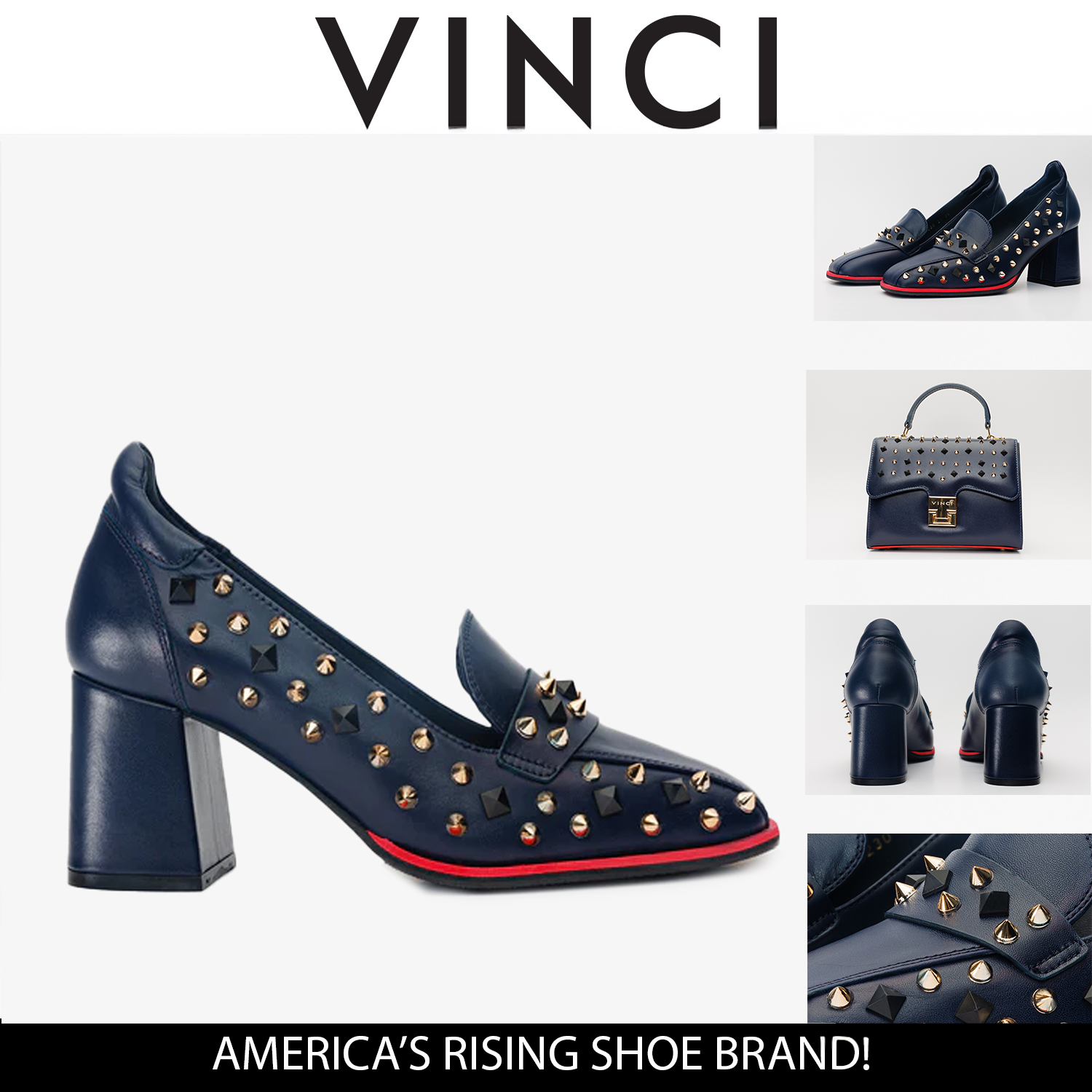The Infanta Navy Blue Spike Leather Block Heel Pump Shoe - Vinci Leather