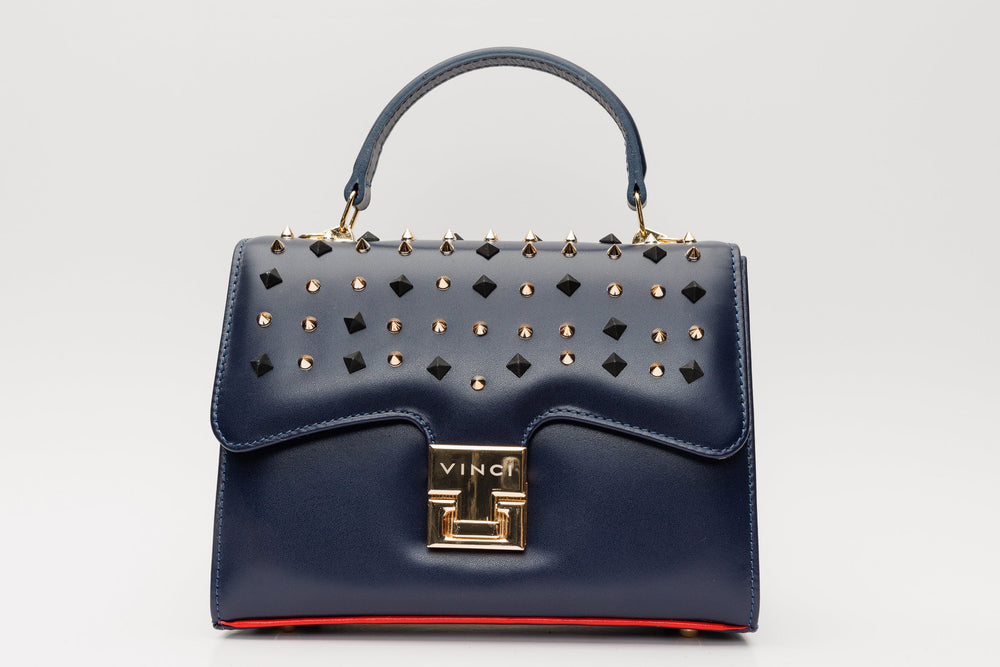 The Infanta Navy Blue Spike Leather Handbag - Vinci Leather