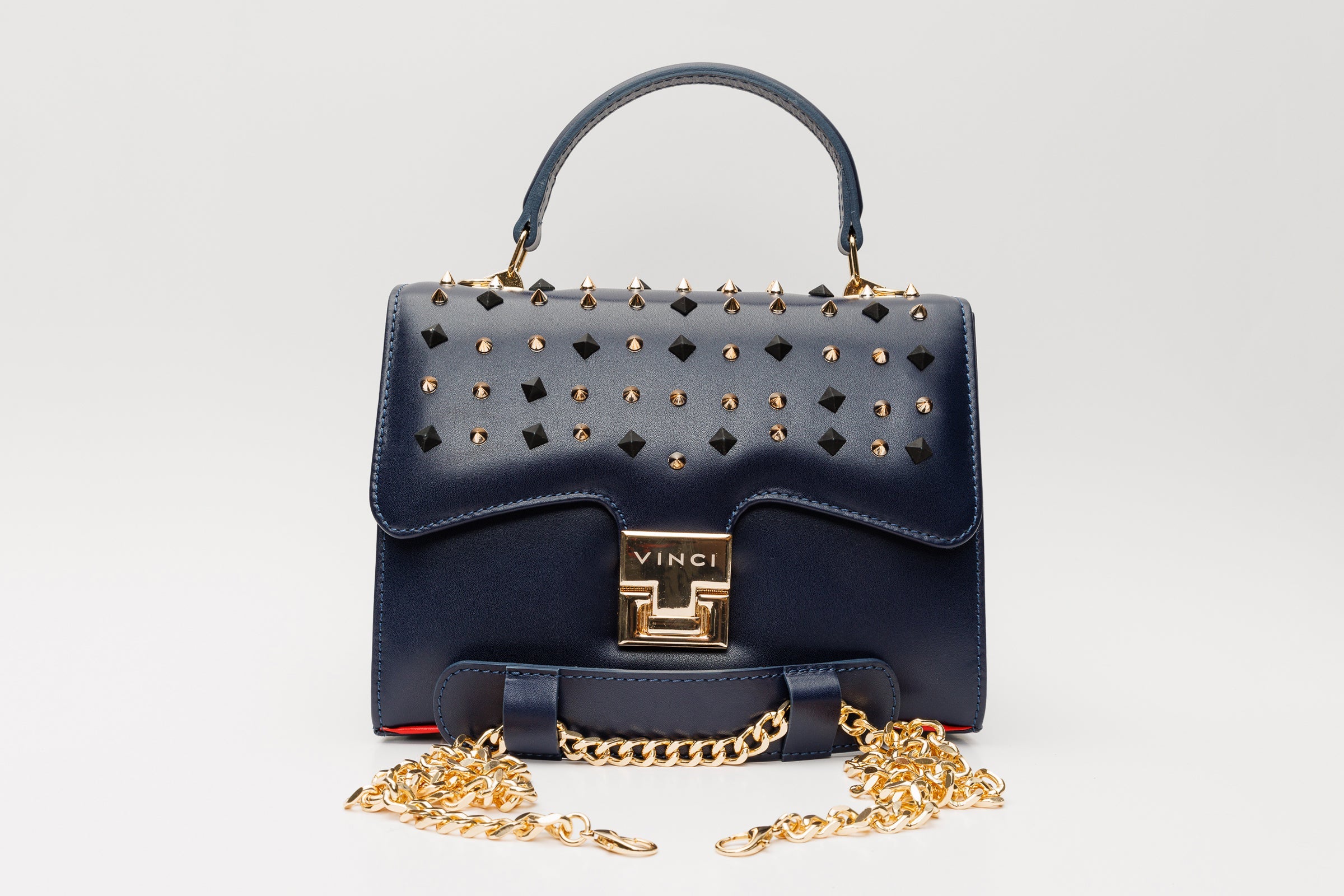 The Infanta Navy Blue Spike Leather Handbag - Vinci Leather