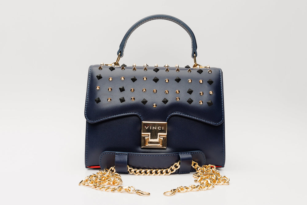 The Infanta Navy Blue Spike Leather Handbag - Vinci Leather