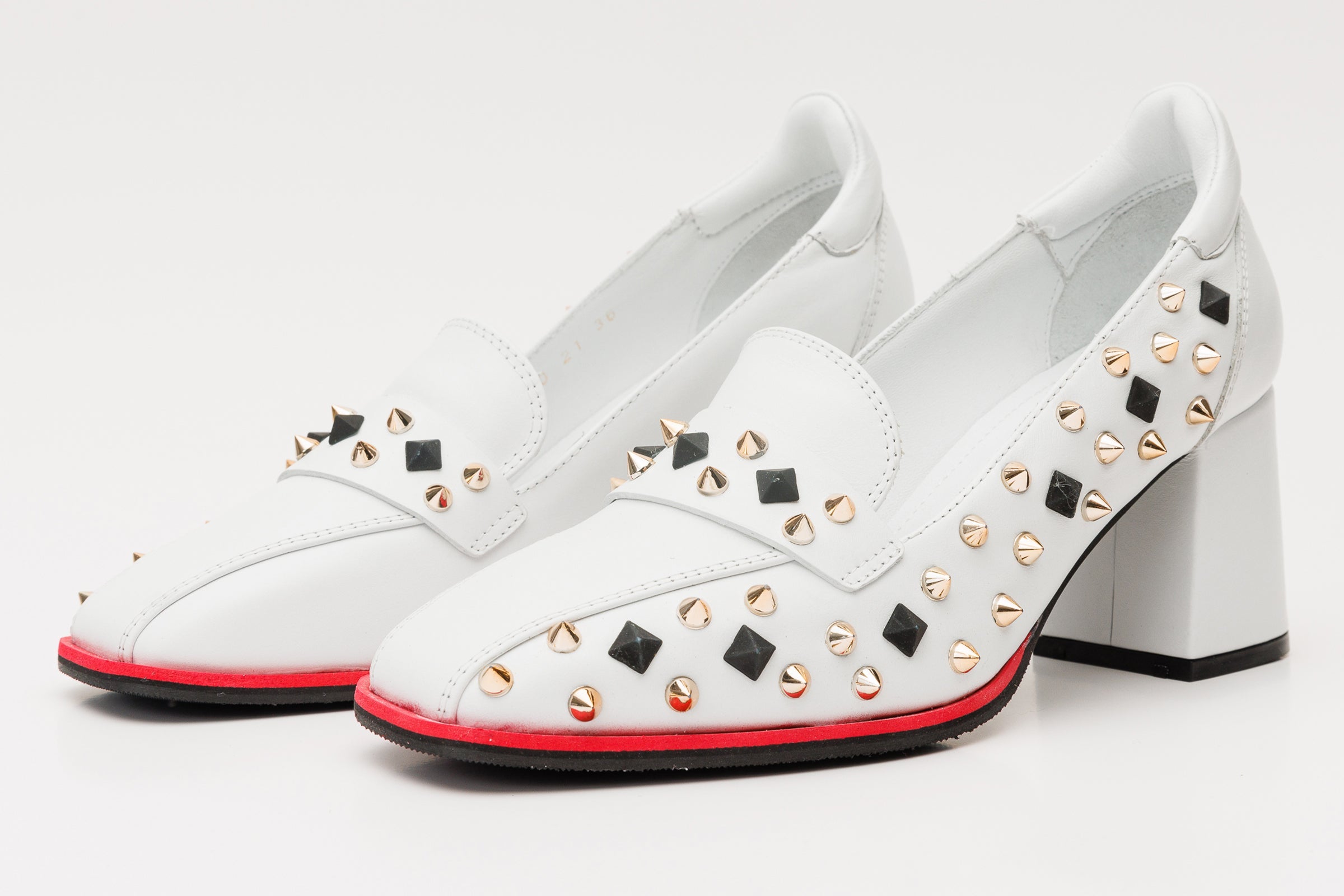 The Infanta White Spike Leather Block Heel Pump Shoe - Vinci Leather