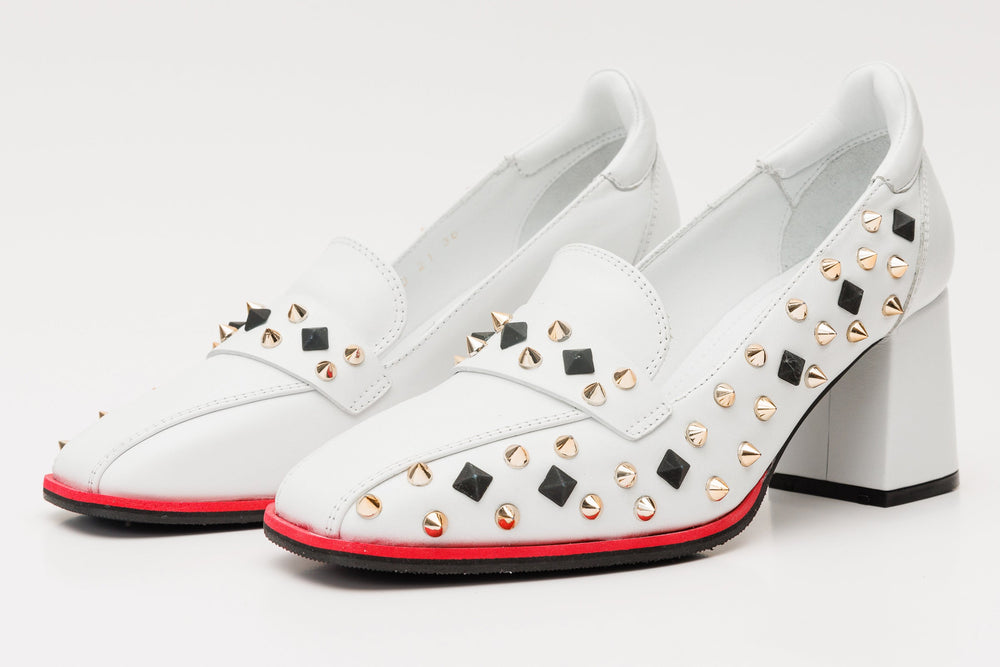 The Infanta White Spike Leather Block Heel Pump Shoe - Vinci Leather