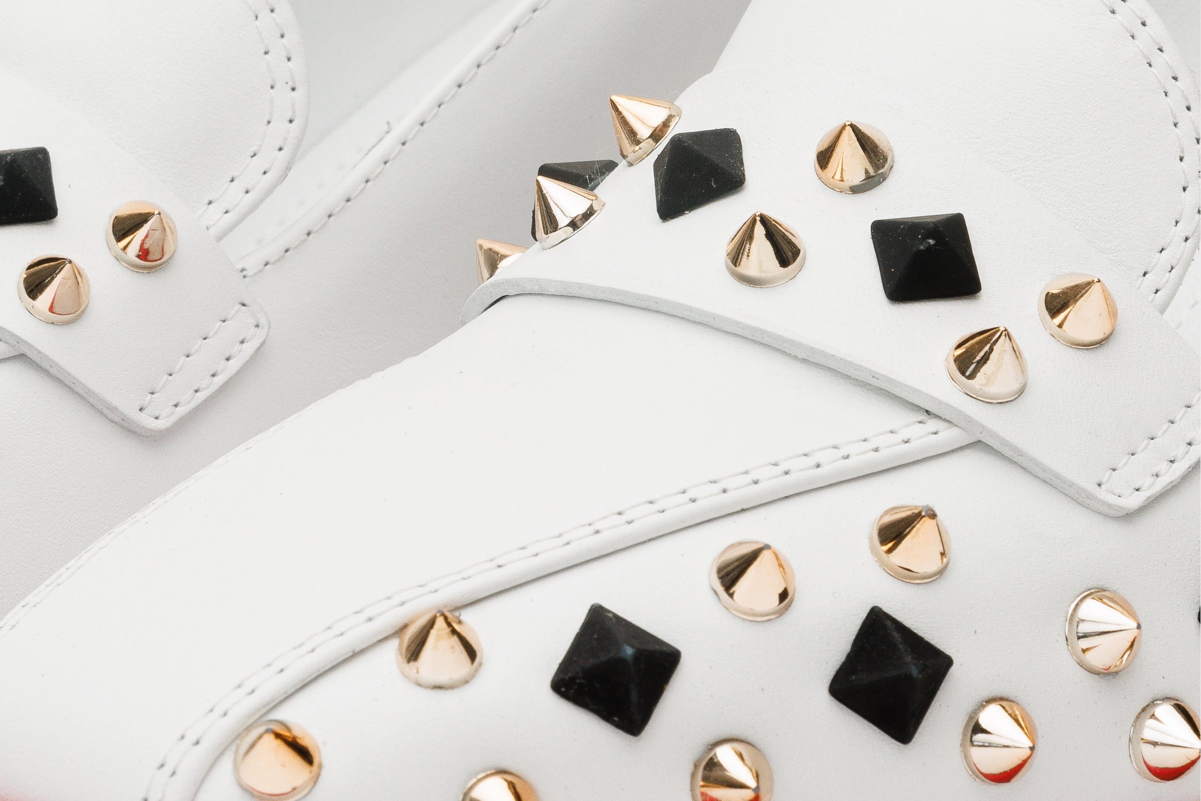 The Infanta White Spike Leather Block Heel Pump Shoe - Vinci Leather
