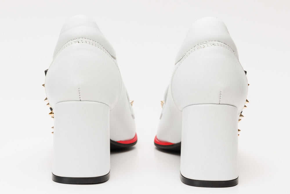 The Infanta White Spike Leather Block Heel Pump Shoe - Vinci Leather