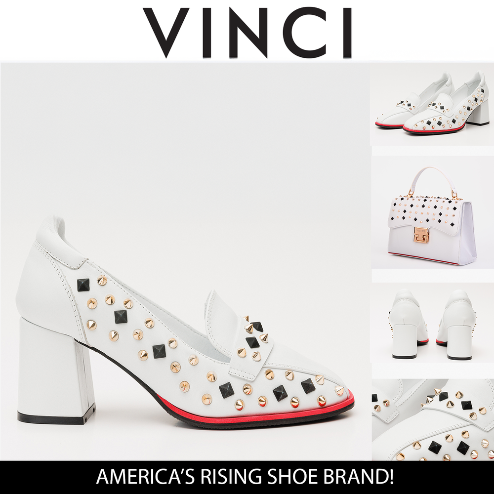The Infanta White Spike Leather Block Heel Pump Shoe - Vinci Leather