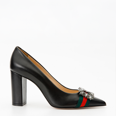 The Afega Black Leather Block Heel Pump Shoe - Vinci Leather