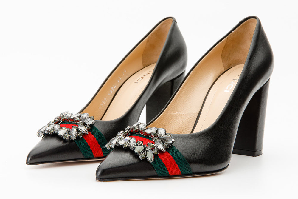 The Afega Black Leather Block Heel Pump Shoe - Vinci Leather