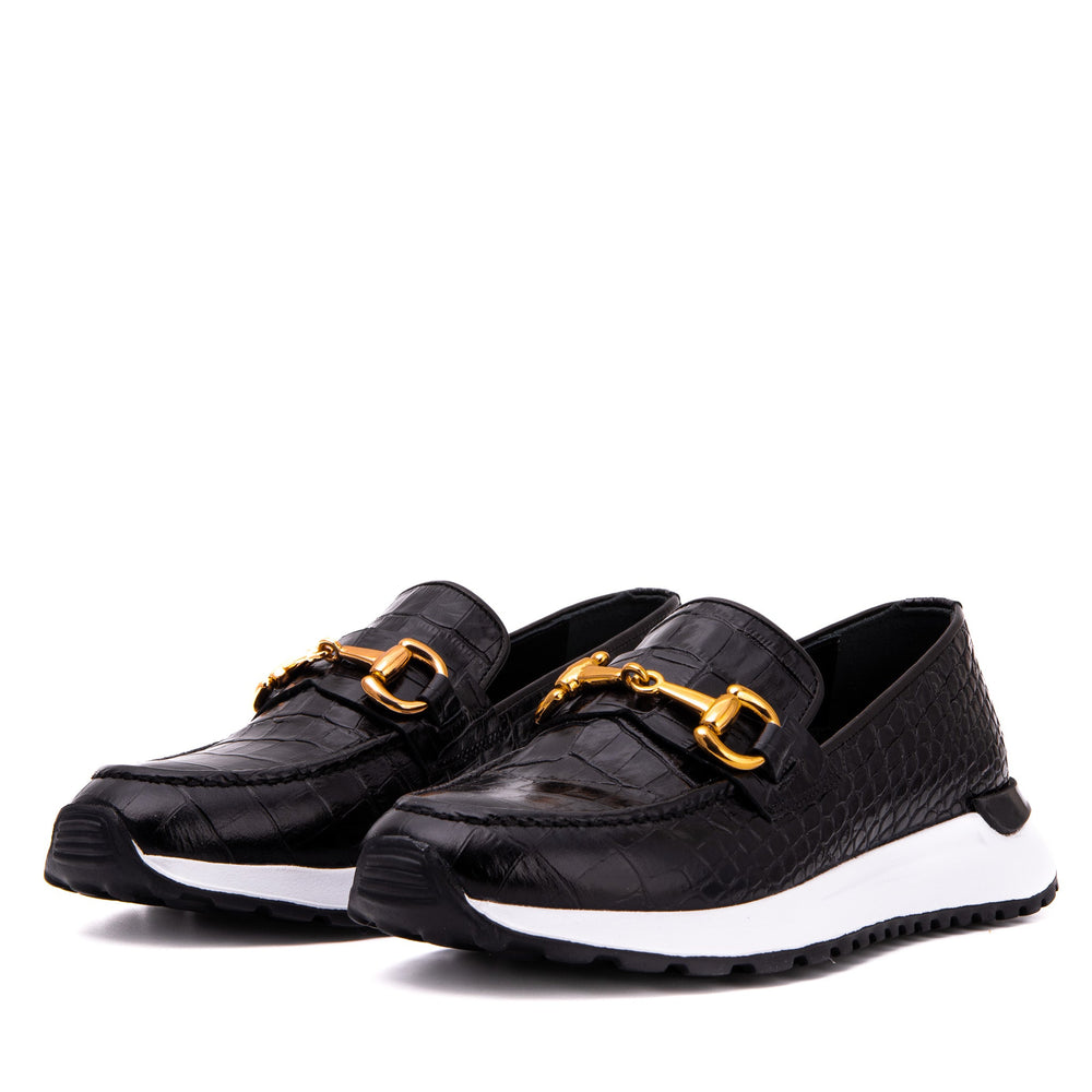The Milan Black  Croc-Embossed Leather Sneaker - Vinci Leather