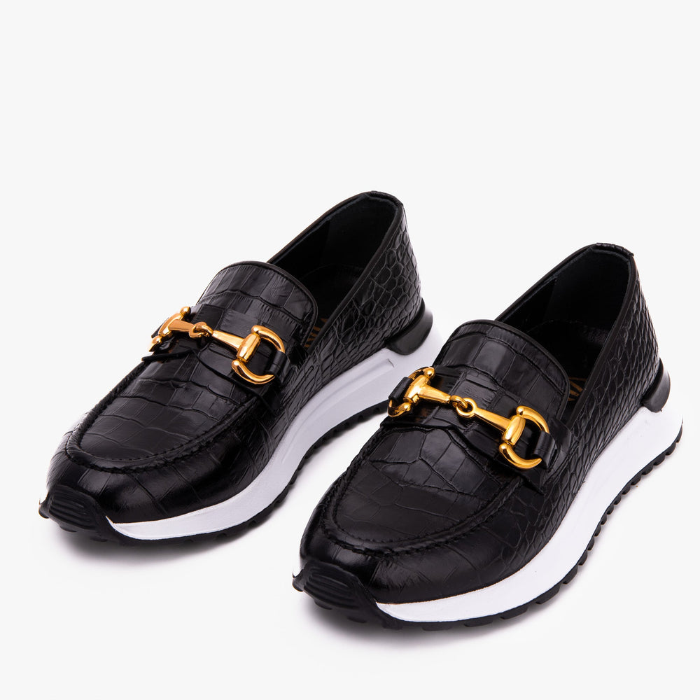 The Milan Black  Croc-Embossed Leather Sneaker - Vinci Leather