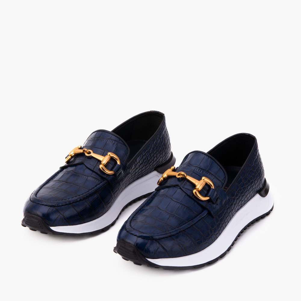 The Milan Navy Croc-Embossed Leather Sneaker - Vinci Leather
