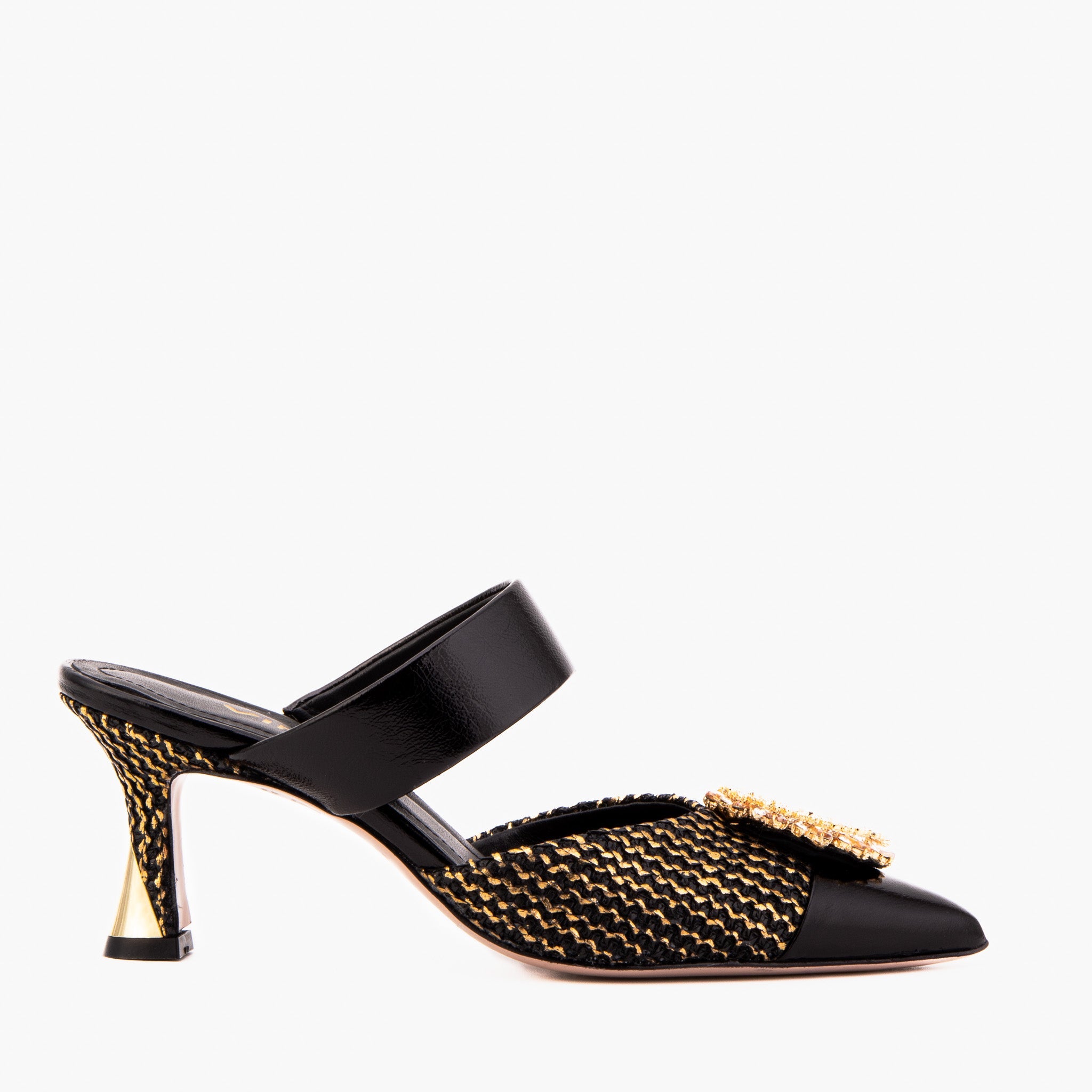 The Valencia Black Gold Jewel Heel Mule Sandal - Vinci Leather