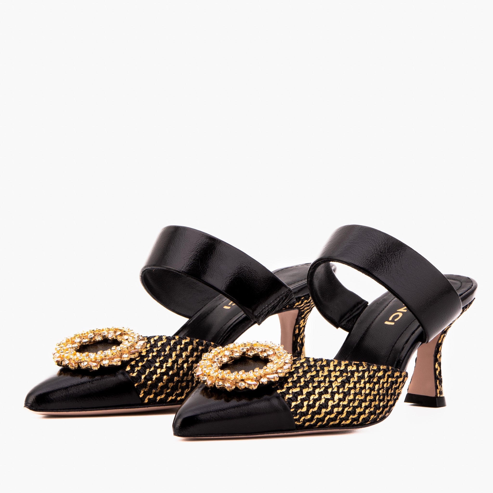 The Valencia Black Gold Jewel Heel Mule Sandal - Vinci Leather