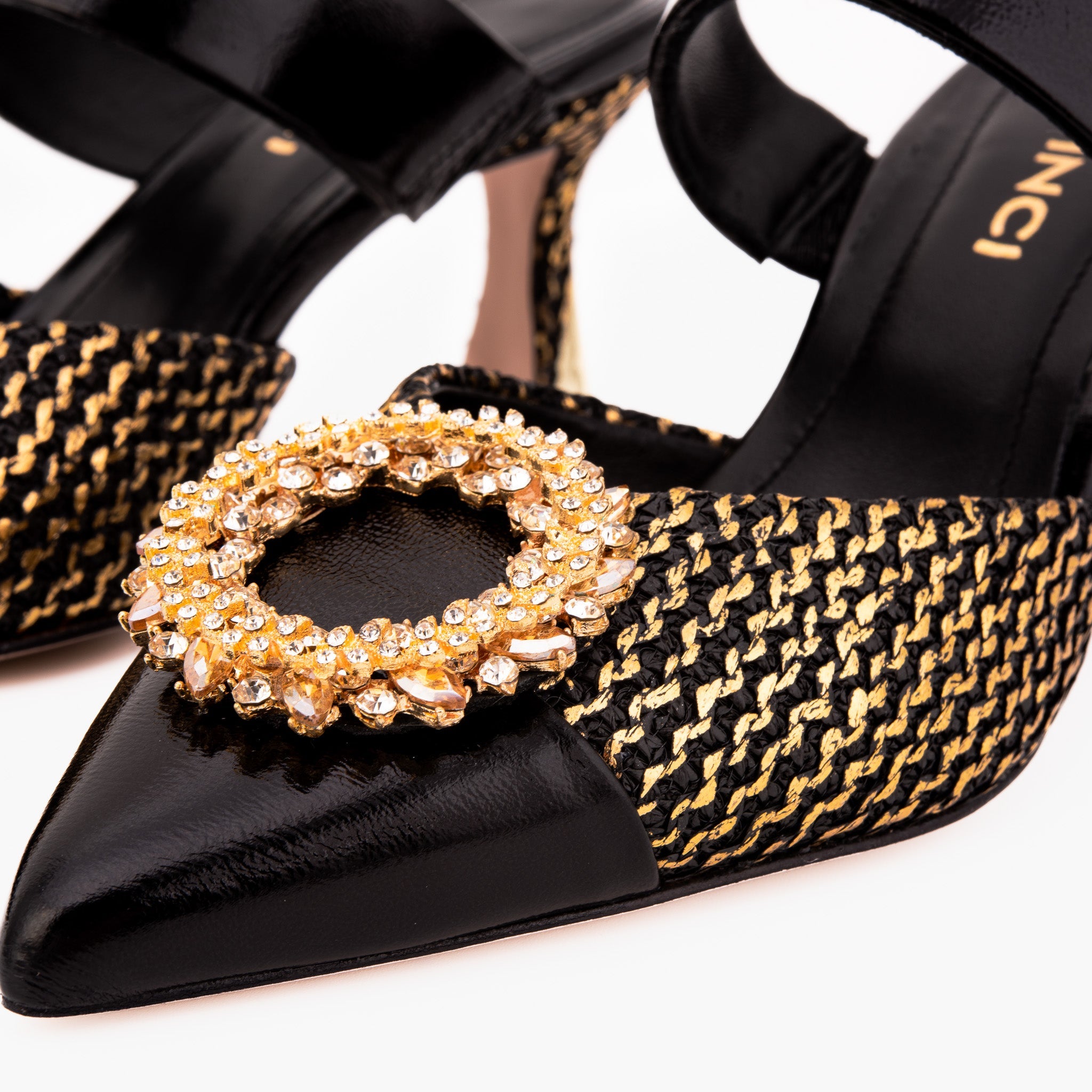 The Valencia Black Gold Jewel Heel Mule Sandal - Vinci Leather