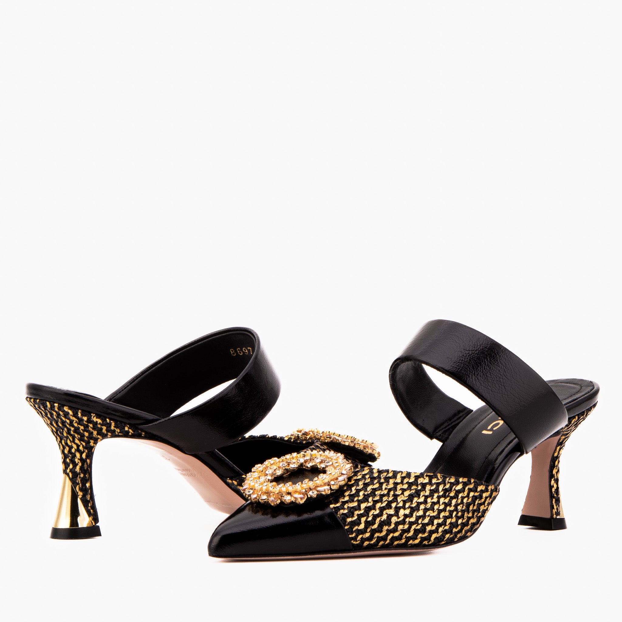 The Valencia Black Gold Jewel Heel Mule Sandal - Vinci Leather
