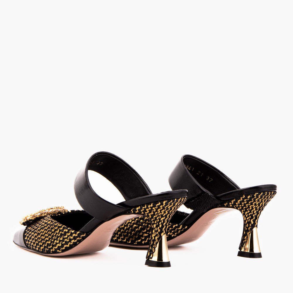 The Valencia Black Gold Jewel Heel Mule Sandal - Vinci Leather