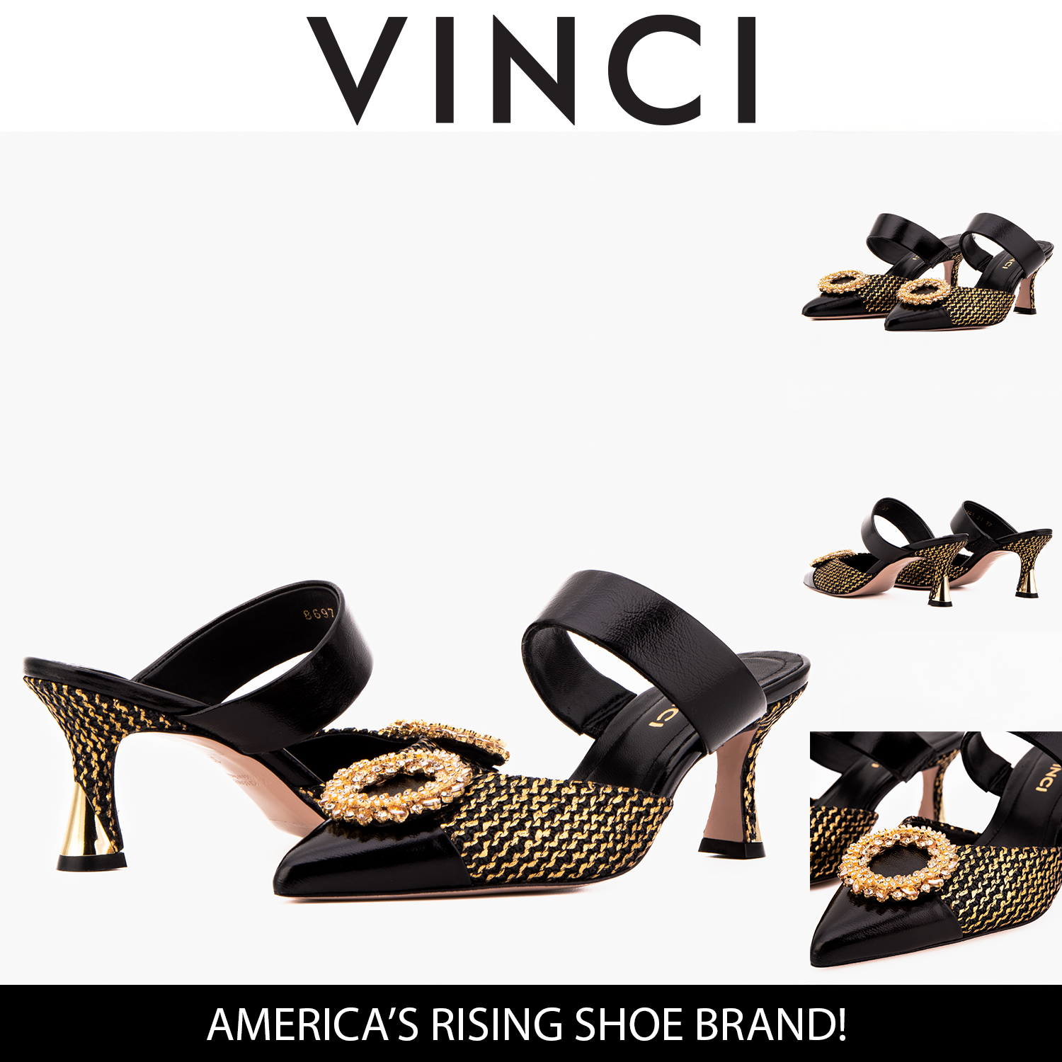 The Valencia Black Gold Jewel Heel Mule Sandal - Vinci Leather
