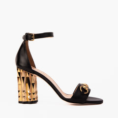 The Avlonya Block Heel Black Leather Ankle Strap Sandal - Vinci Leather