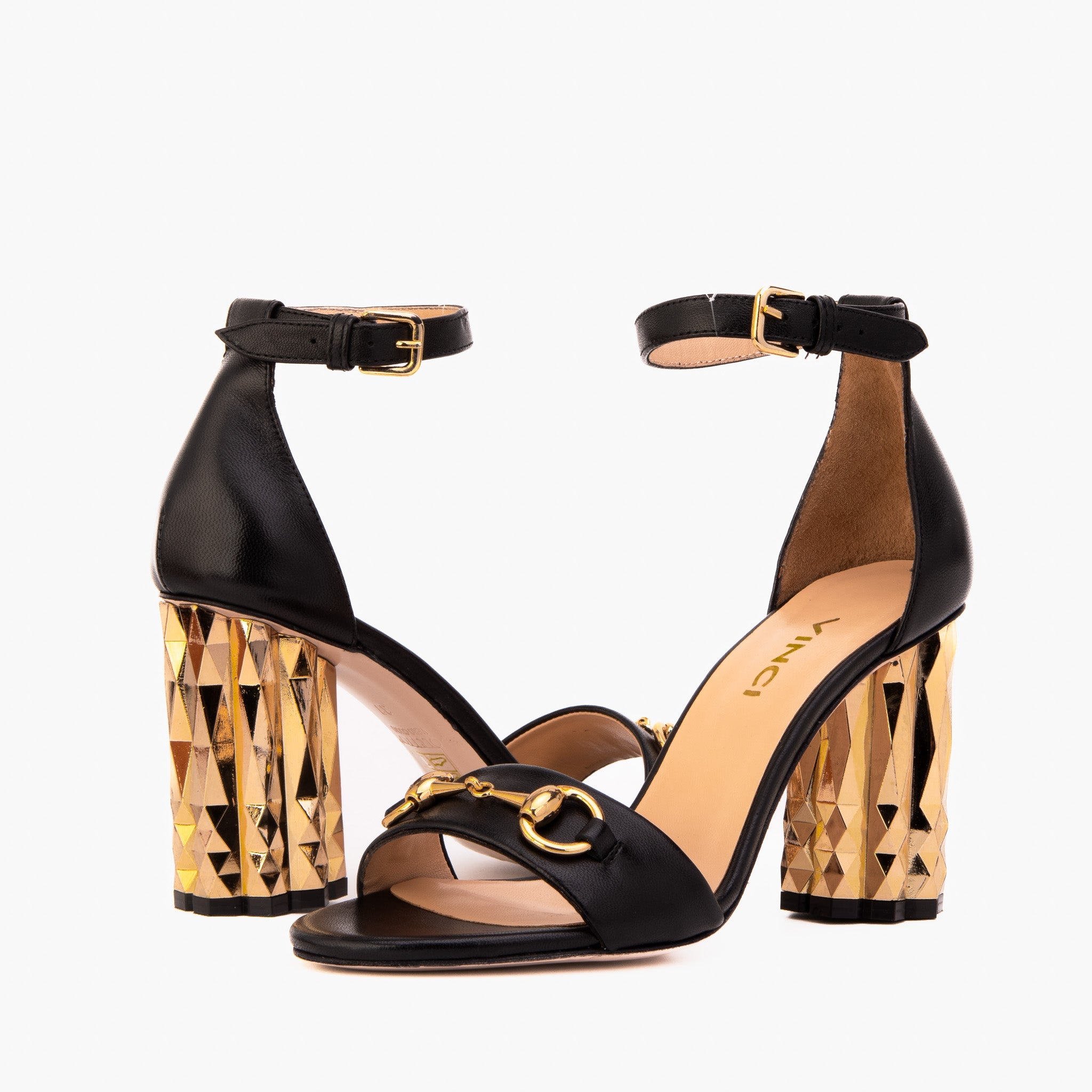 The Avlonya Block Heel Black Leather Ankle Strap Sandal - Vinci Leather