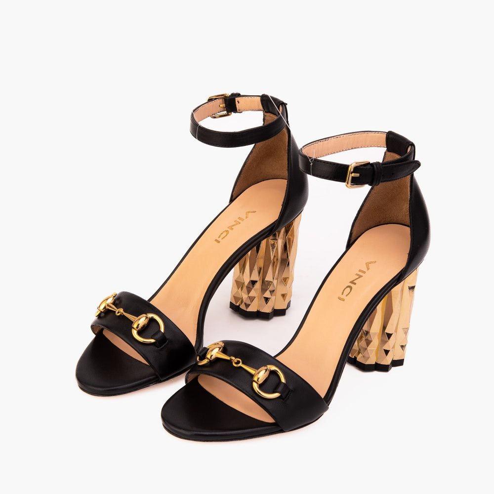 The Avlonya Block Heel Black Leather Ankle Strap Sandal - Vinci Leather