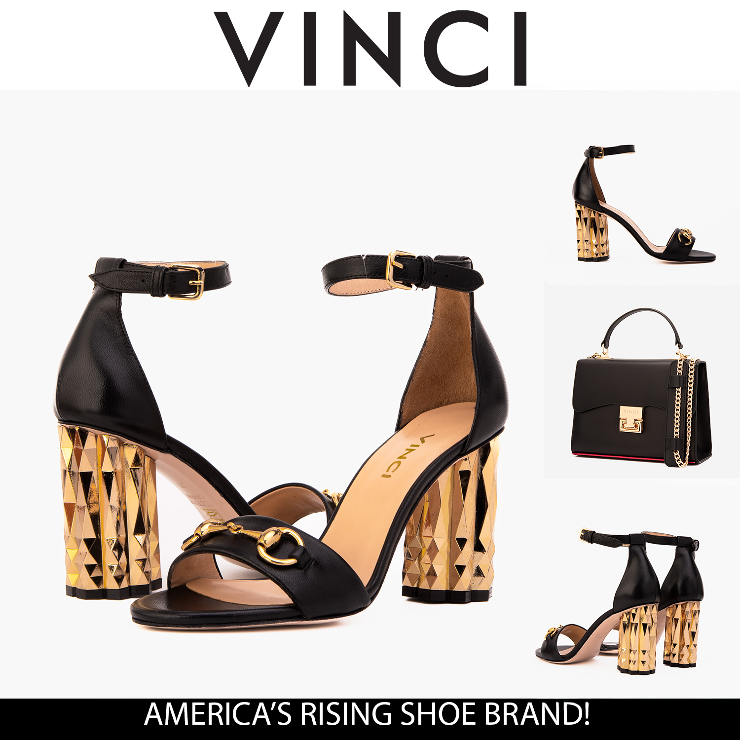 The Avlonya Block Heel Black Leather Ankle Strap Sandal - Vinci Leather