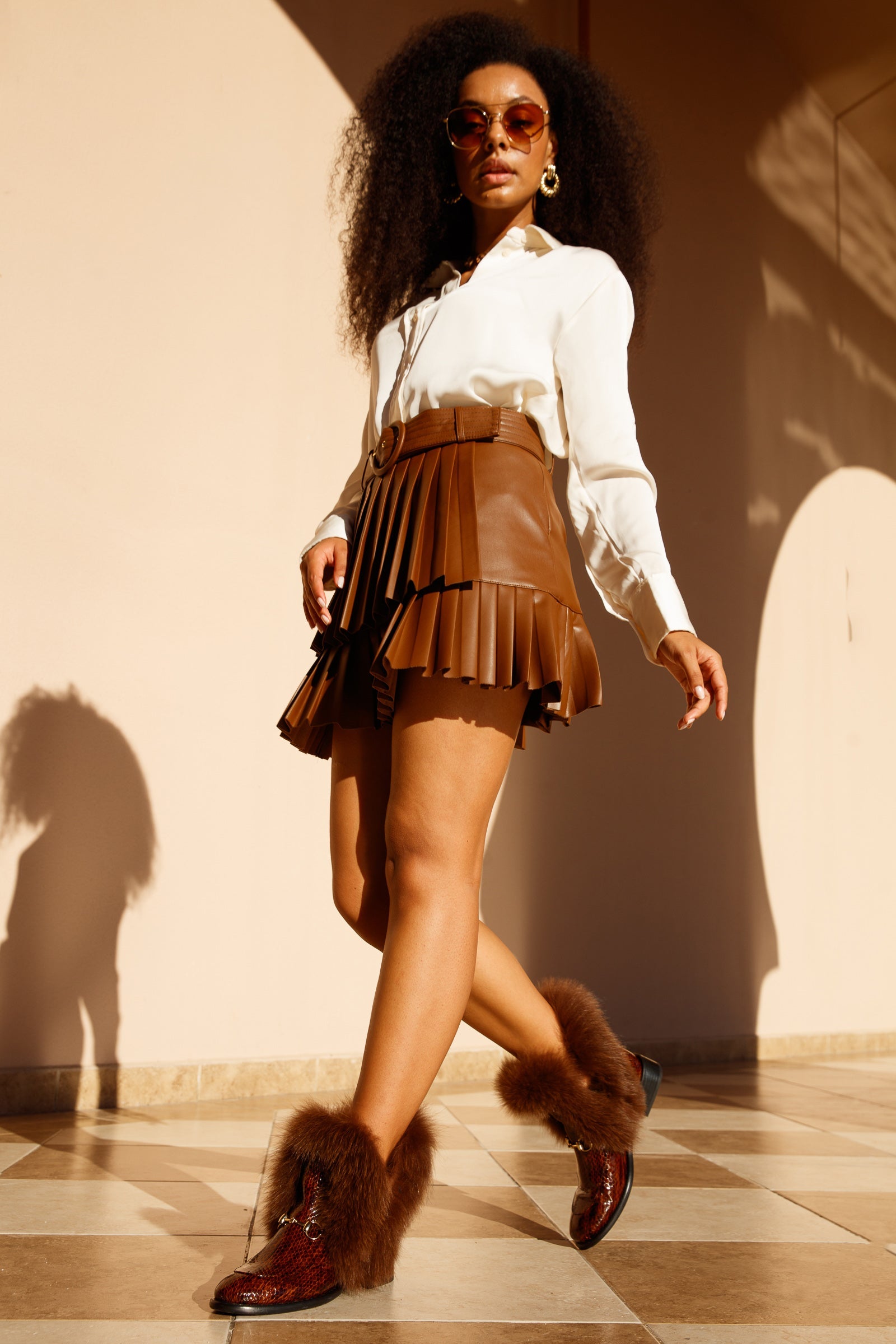 The Izmir Brown Patent Leather Natural Fur Mid Calf Boot - Vinci Leather