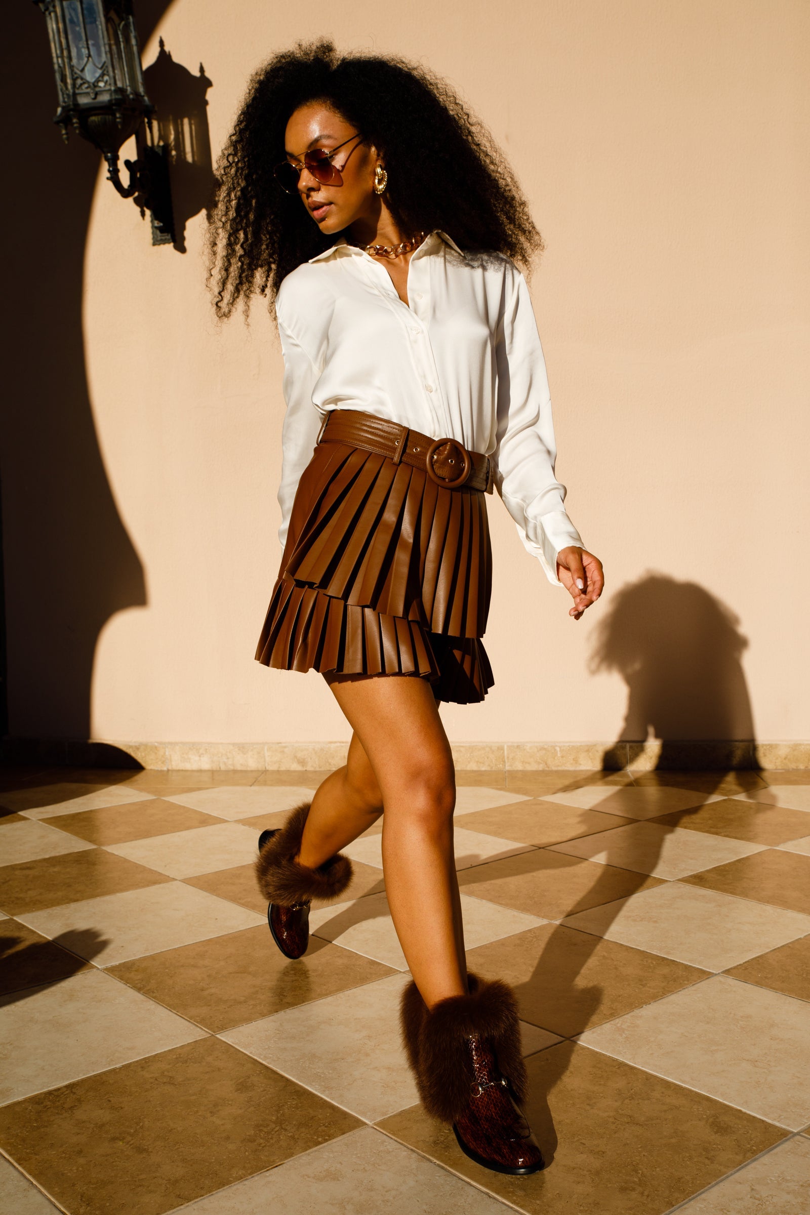 The Izmir Brown Patent Leather Natural Fur Mid Calf Boot - Vinci Leather