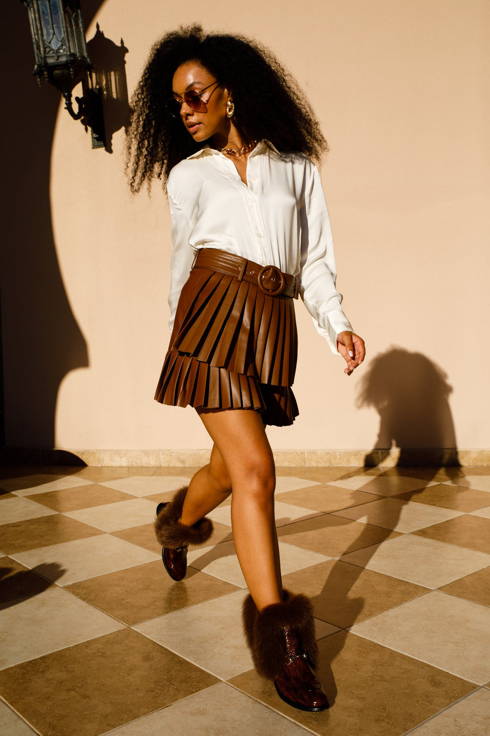 The Izmir Brown Patent Leather Natural Fur Mid Calf Boot - Vinci Leather