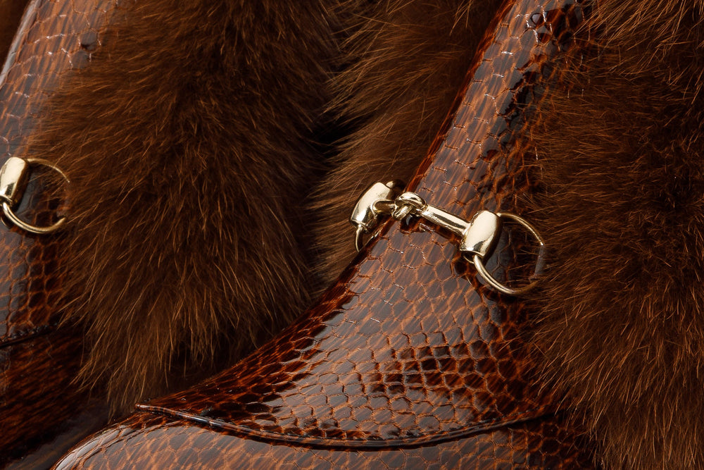 The Izmir Brown Patent Leather Natural Fur Mid Calf Boot - Vinci Leather
