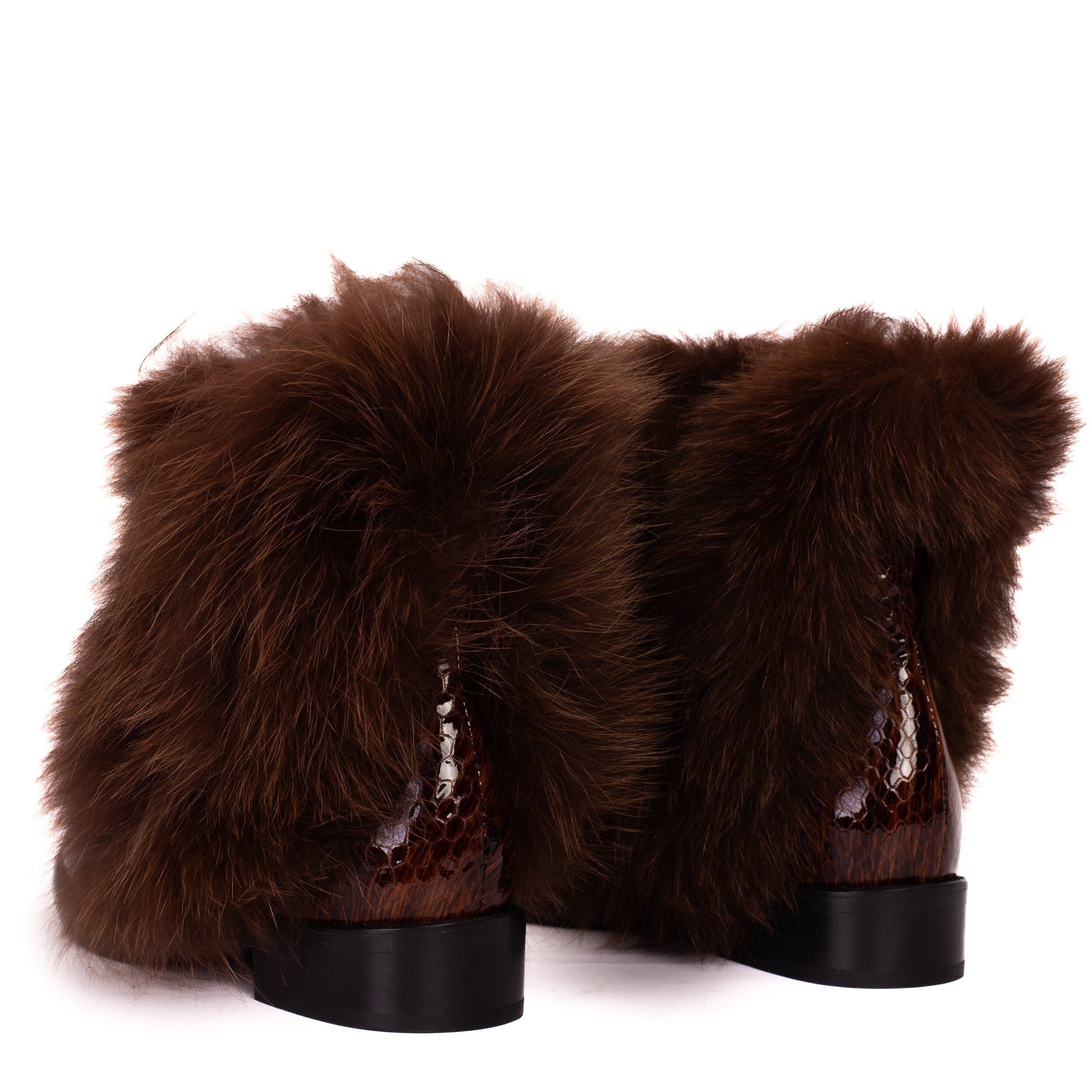 The Izmir Brown Patent Leather Natural Fur Mid Calf Boot - Vinci Leather