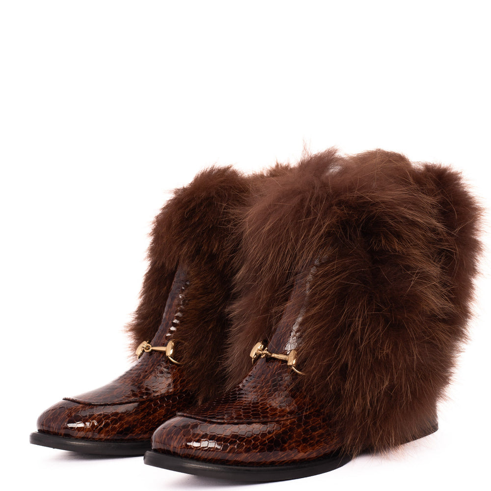 The Izmir Brown Patent Leather Natural Fur Mid Calf Boot - Vinci Leather