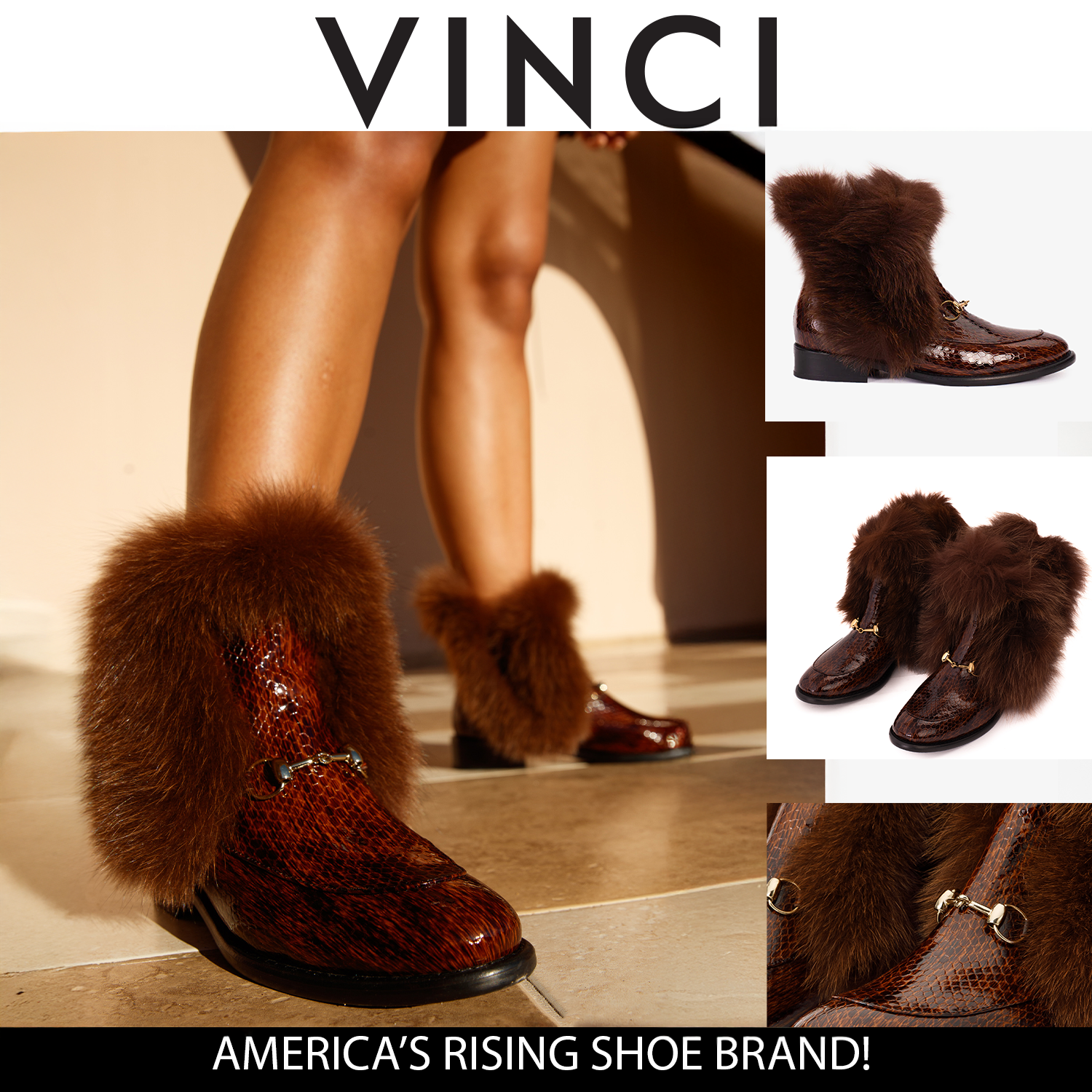The Izmir Brown Patent Leather Natural Fur Mid Calf Boot - Vinci Leather