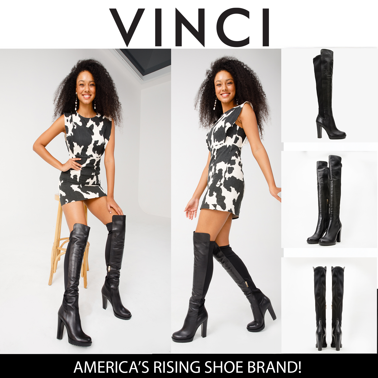 The Sao Paulo Black Leather Knee High Platform Heel Boot - Vinci Leather