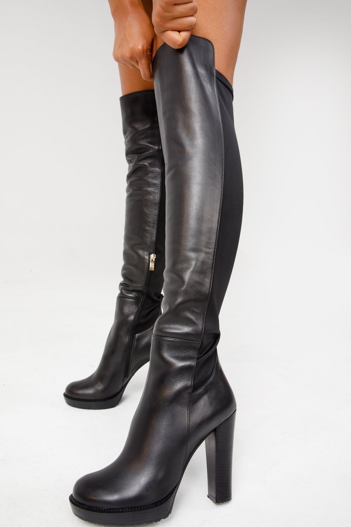 The Sao Paulo Black Leather Knee High Platform Heel Boot - Vinci Leather