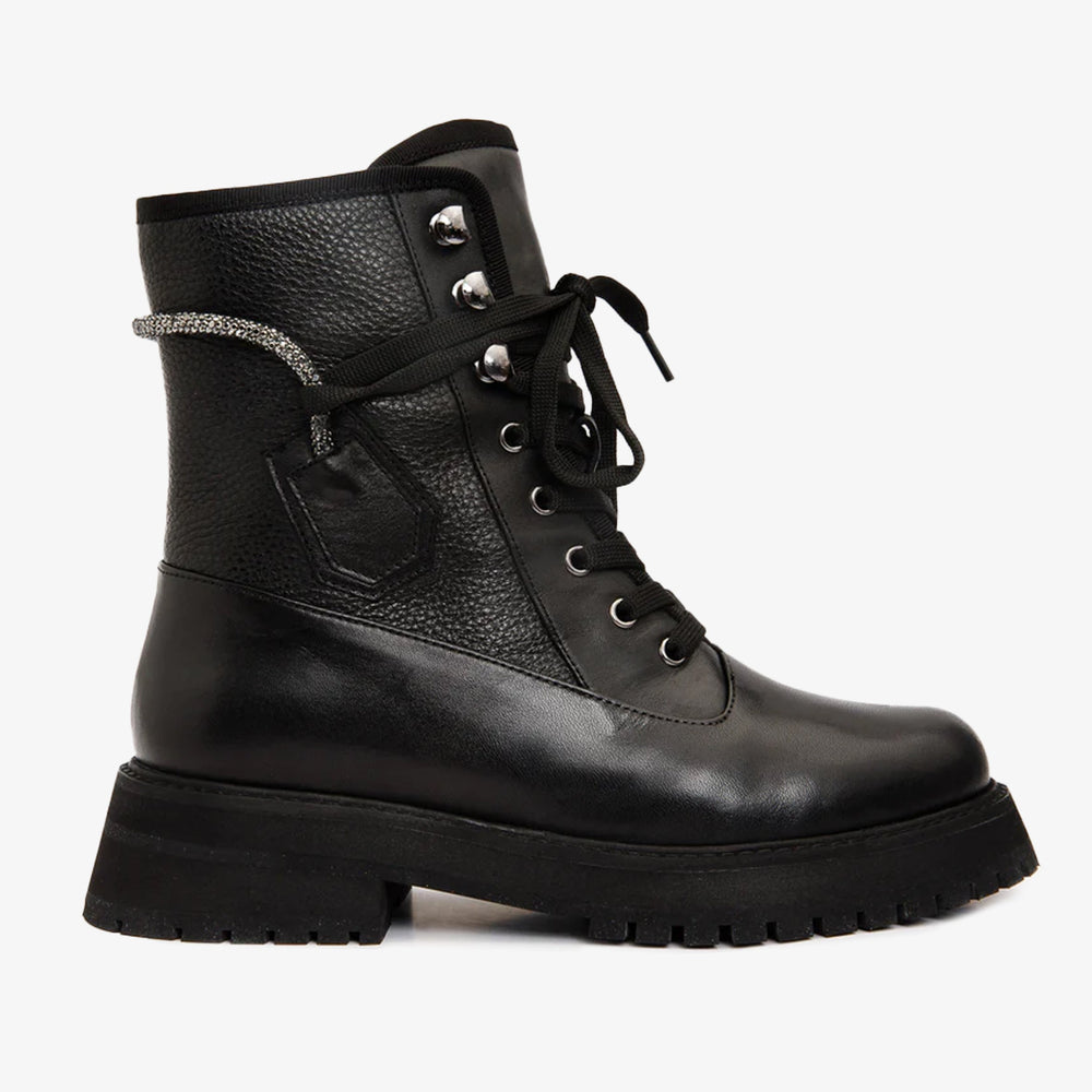 The Arata Black Leather Lace-Up Ankle Boot With a Side Zipper - Vinci Leather