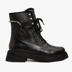 The Arata Black Leather Lace-Up Ankle Boot With a Side Zipper - Vinci Leather