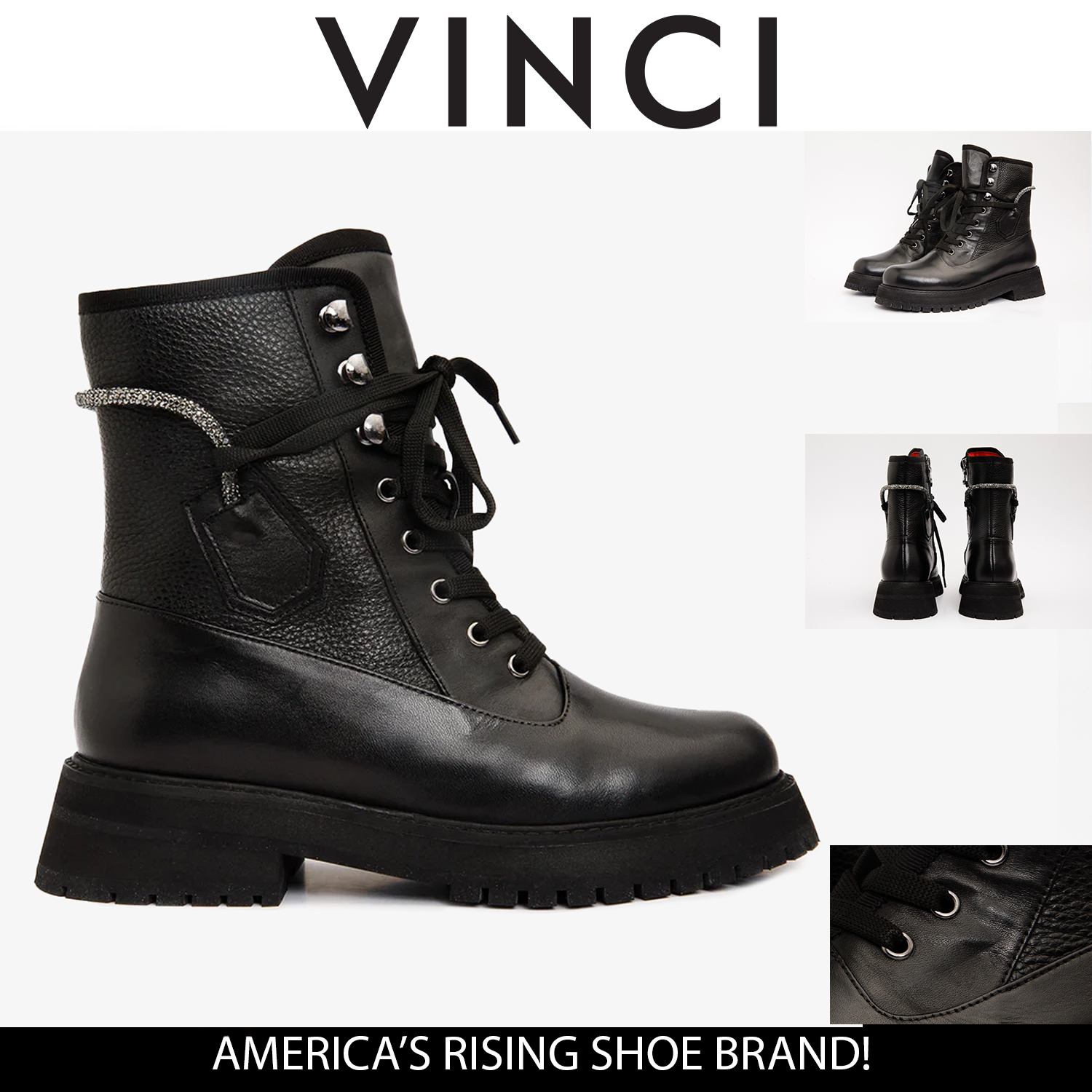 The Arata Black Leather Lace-Up Ankle Boot With a Side Zipper - Vinci Leather