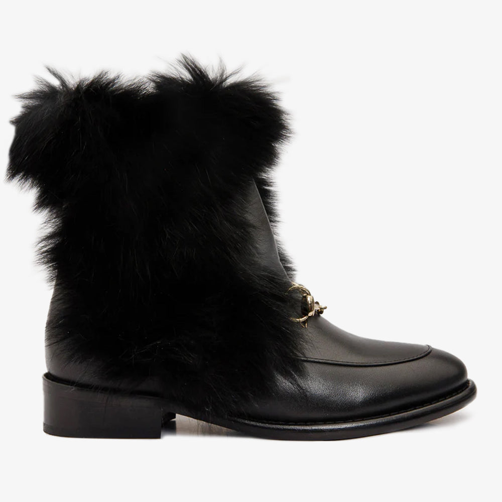 The Izmir Black Leather Natural Fur Mid Calf Boot - Vinci Leather