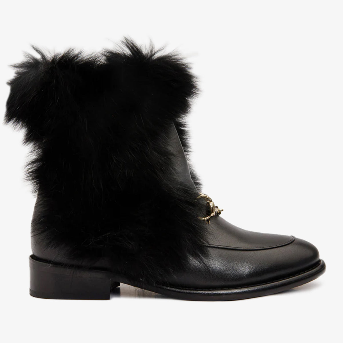 The Izmir Black Leather Natural Fur Mid Calf Boot - Vinci Leather