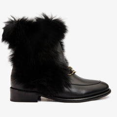 The Izmir Black Leather Natural Fur Mid Calf Boot - Vinci Leather