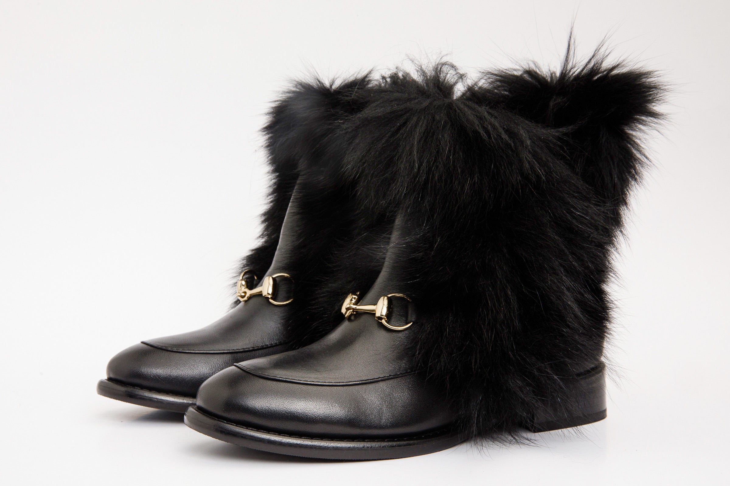 The Izmir Black Leather Natural Fur Mid Calf Boot - Vinci Leather