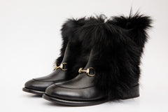 The Izmir Black Leather Natural Fur Mid Calf Boot - Vinci Leather