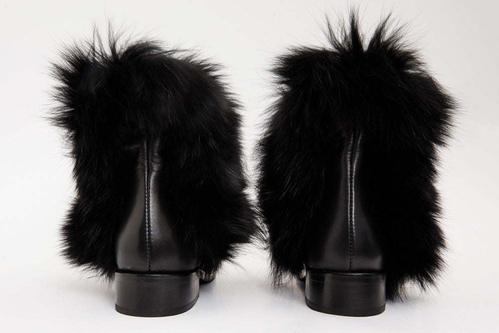 The Izmir Black Leather Natural Fur Mid Calf Boot - Vinci Leather