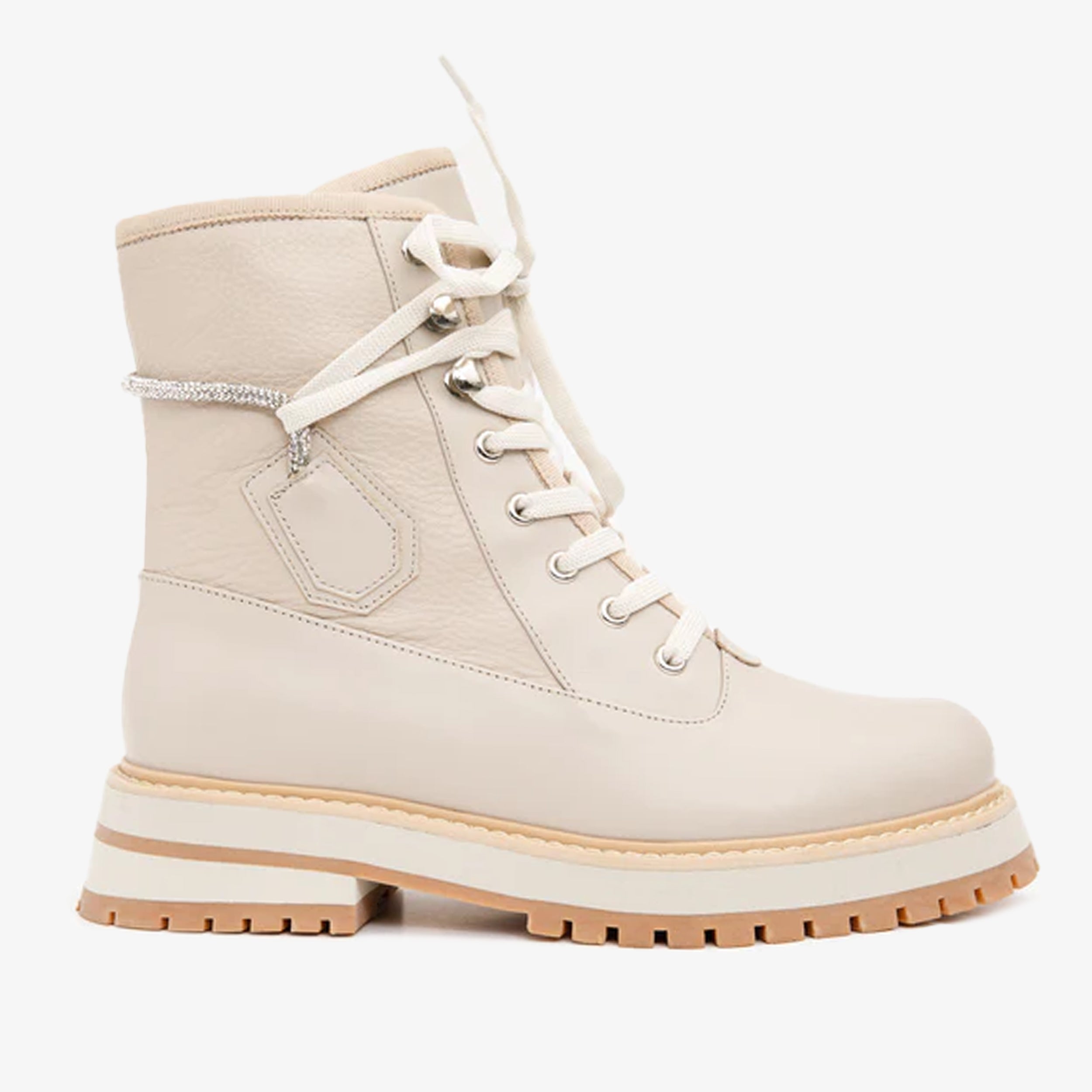 The Arata Cream Leather Lace-Up Ankle Boot With a Side Zipper - Vinci Leather