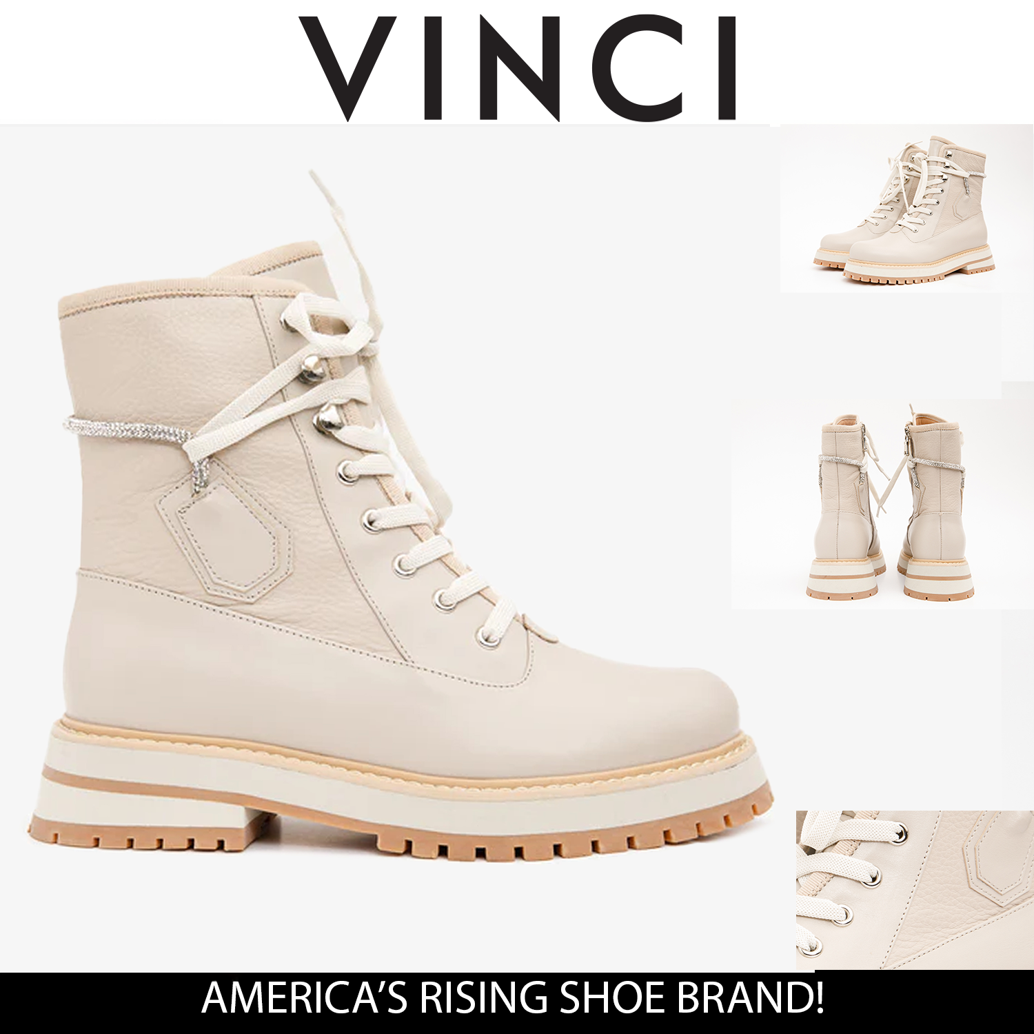The Arata Cream Leather Lace-Up Ankle Boot With a Side Zipper - Vinci Leather