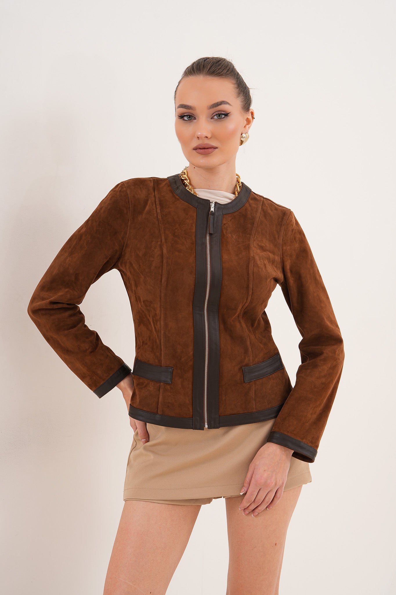The Nyvessa Reversible Brown Suede Dark Brown Leather Jacket - Vinci Leather