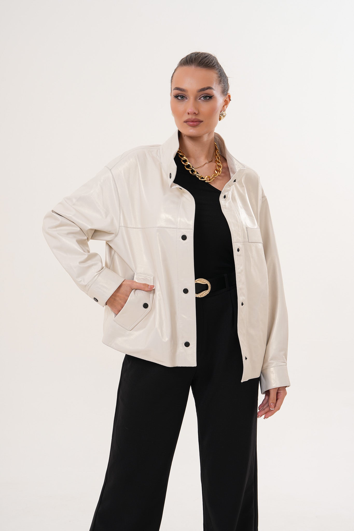 The Velmira Reversible Ivory Leather Jacket - Vinci Leather