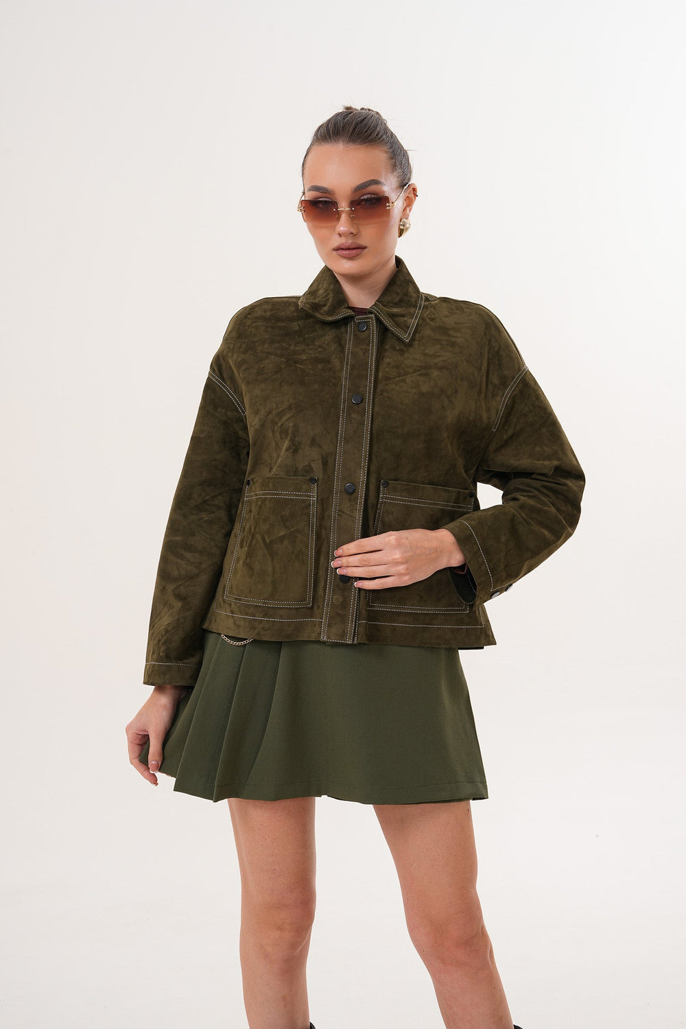 The Solviera Reversible Olive Suede Leather Jacket - Vinci Leather