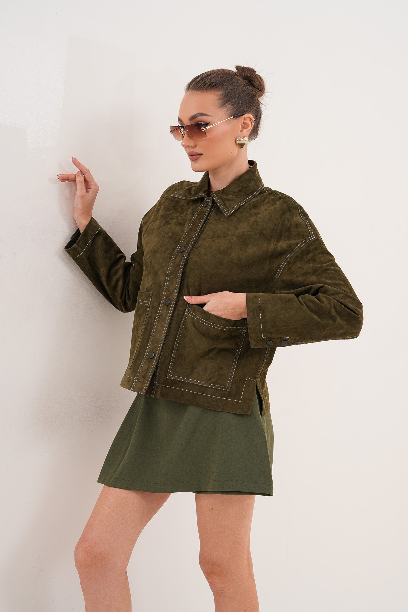 The Solviera Reversible Olive Suede Leather Jacket - Vinci Leather